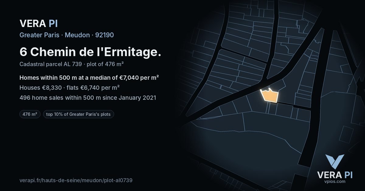 6 Chemin de l'Ermitage, Meudon at night – the plot lit, the parcels around coloured by the prices near them