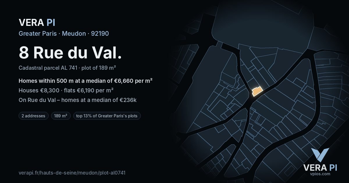 8 Rue du Val, Meudon at night – the plot lit, the parcels around coloured by the prices near them
