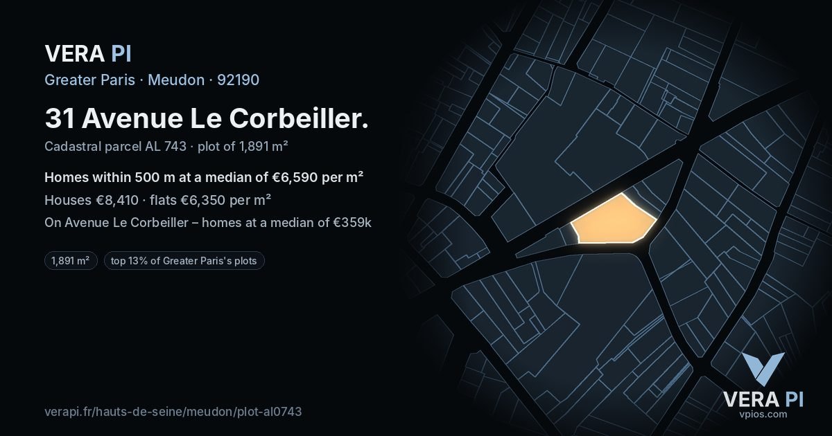 31 Avenue Le Corbeiller, Meudon at night – the plot lit, the parcels around coloured by the prices near them