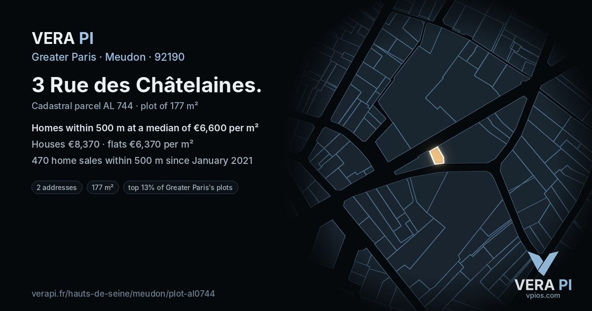 3 Rue des Châtelaines, Meudon at night – the plot lit, the parcels around coloured by the prices near them