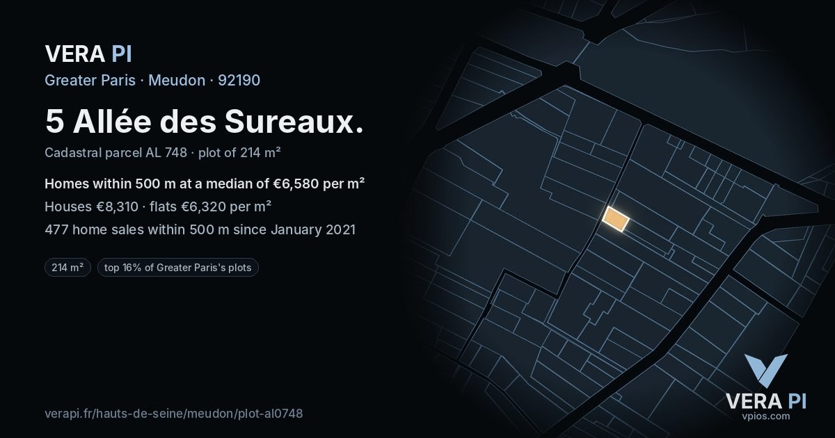 5 Allée des Sureaux, Meudon at night – the plot lit, the parcels around coloured by the prices near them