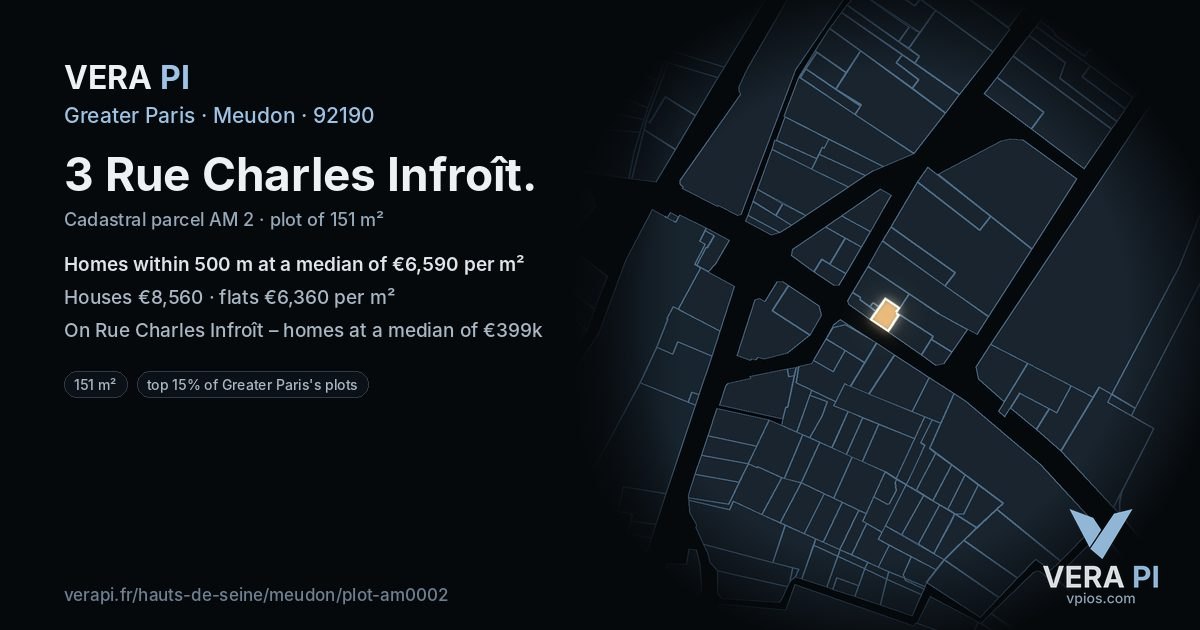 3 Rue Charles Infroît, Meudon at night – the plot lit, the parcels around coloured by the prices near them