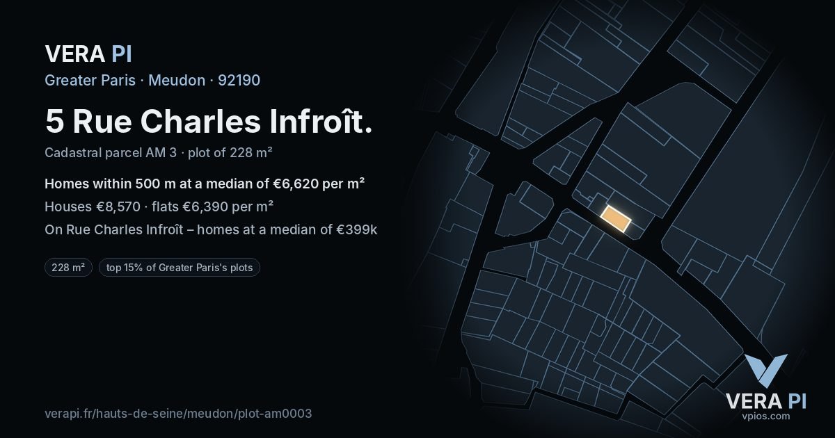 5 Rue Charles Infroît, Meudon at night – the plot lit, the parcels around coloured by the prices near them