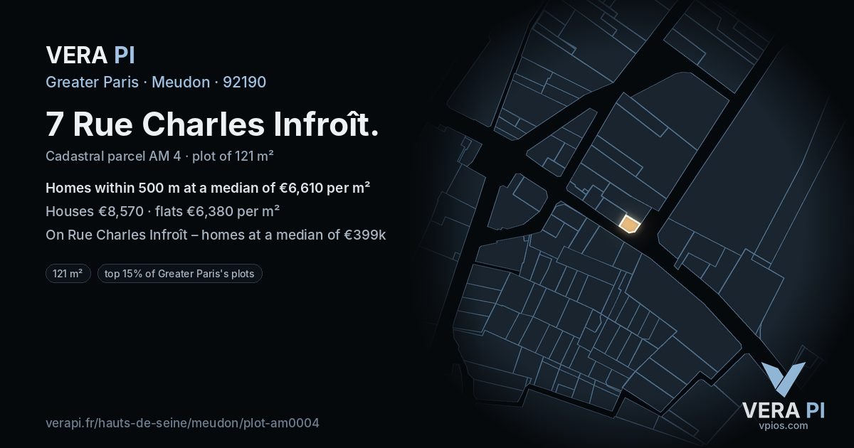 7 Rue Charles Infroît, Meudon at night – the plot lit, the parcels around coloured by the prices near them