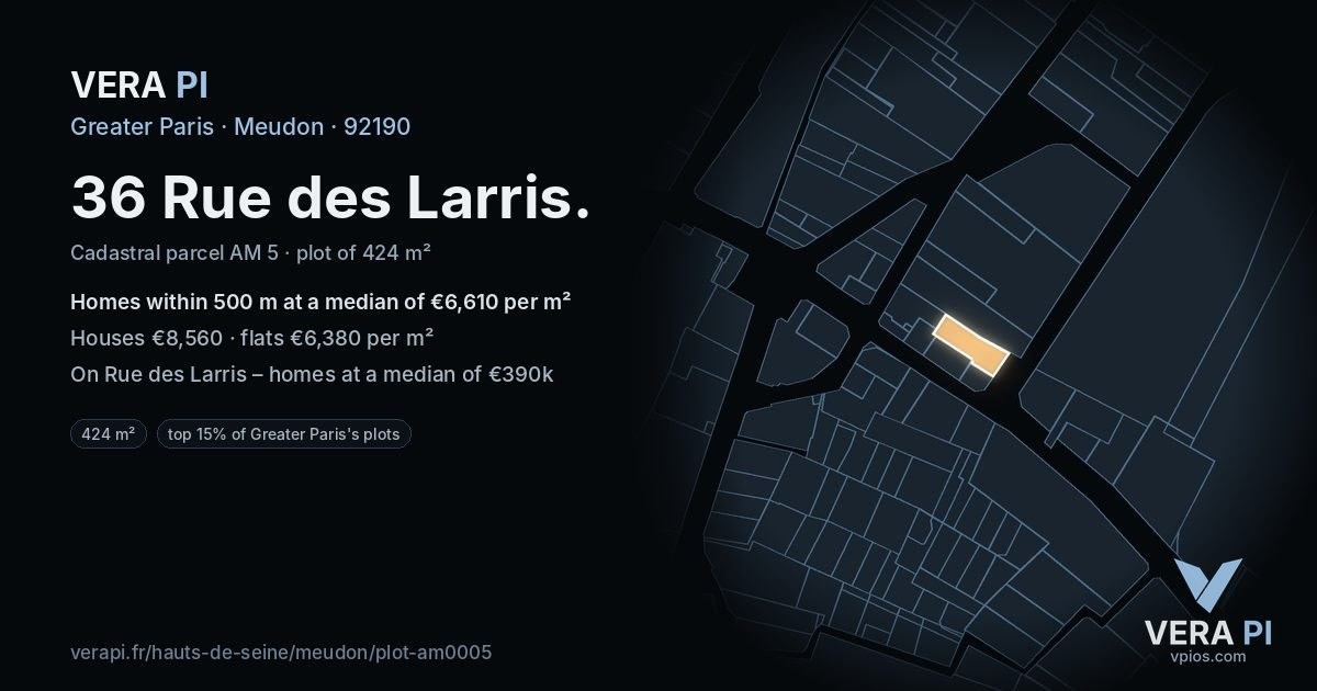 36 Rue des Larris, Meudon at night – the plot lit, the parcels around coloured by the prices near them