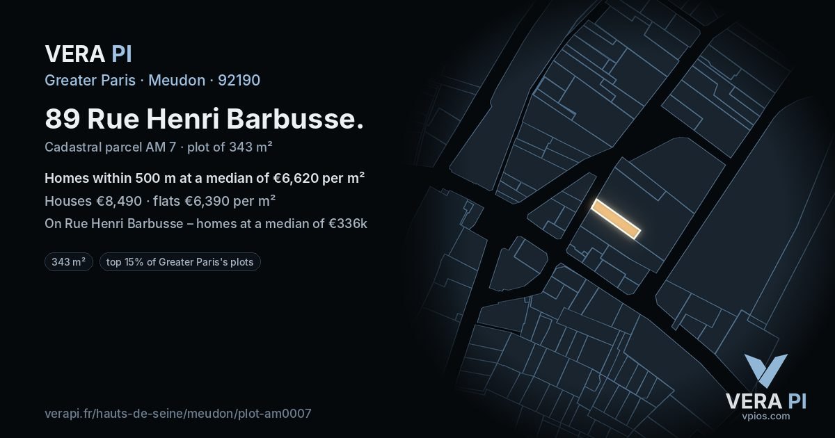 89 Rue Henri Barbusse, Meudon at night – the plot lit, the parcels around coloured by the prices near them