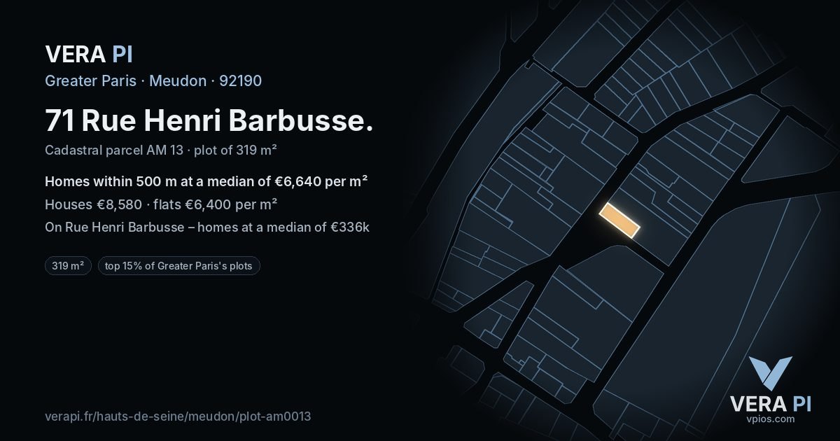 71 Rue Henri Barbusse, Meudon at night – the plot lit, the parcels around coloured by the prices near them