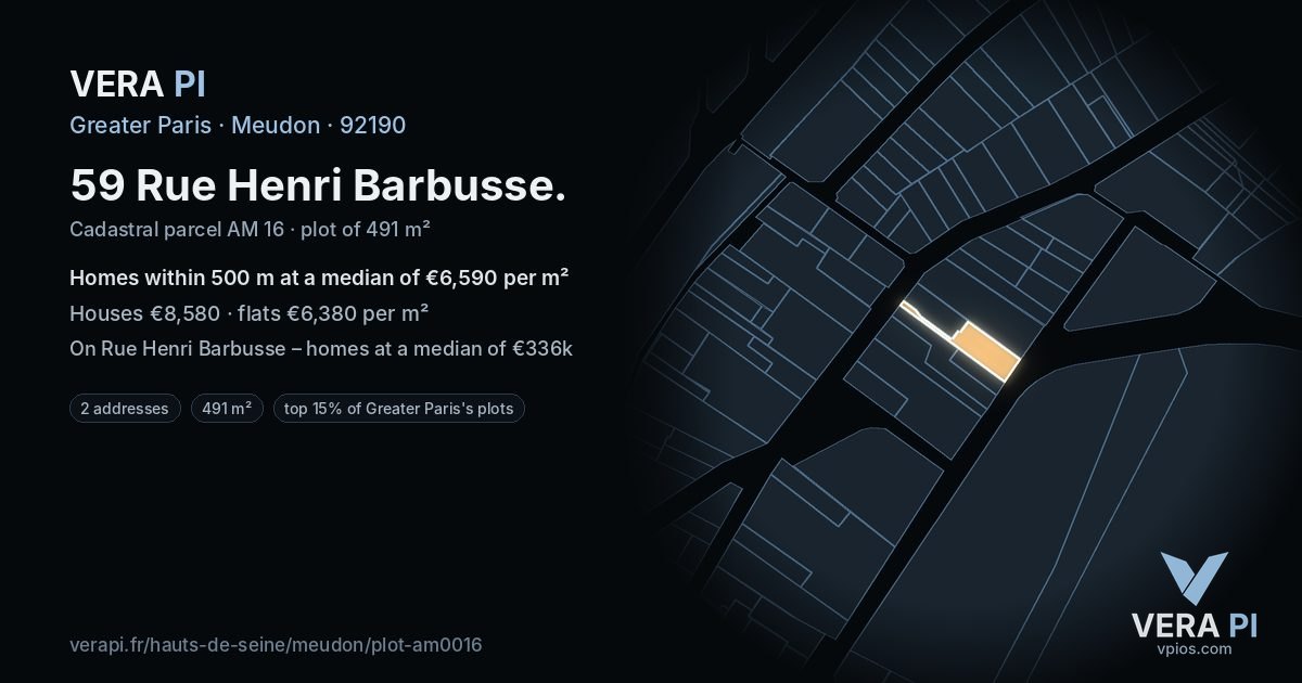 59 Rue Henri Barbusse, Meudon at night – the plot lit, the parcels around coloured by the prices near them