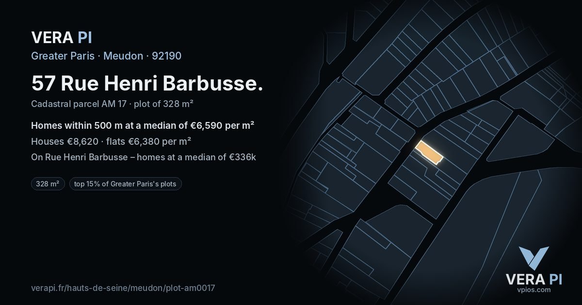 57 Rue Henri Barbusse, Meudon at night – the plot lit, the parcels around coloured by the prices near them