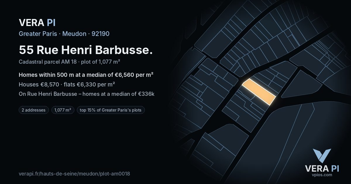 55 Rue Henri Barbusse, Meudon at night – the plot lit, the parcels around coloured by the prices near them