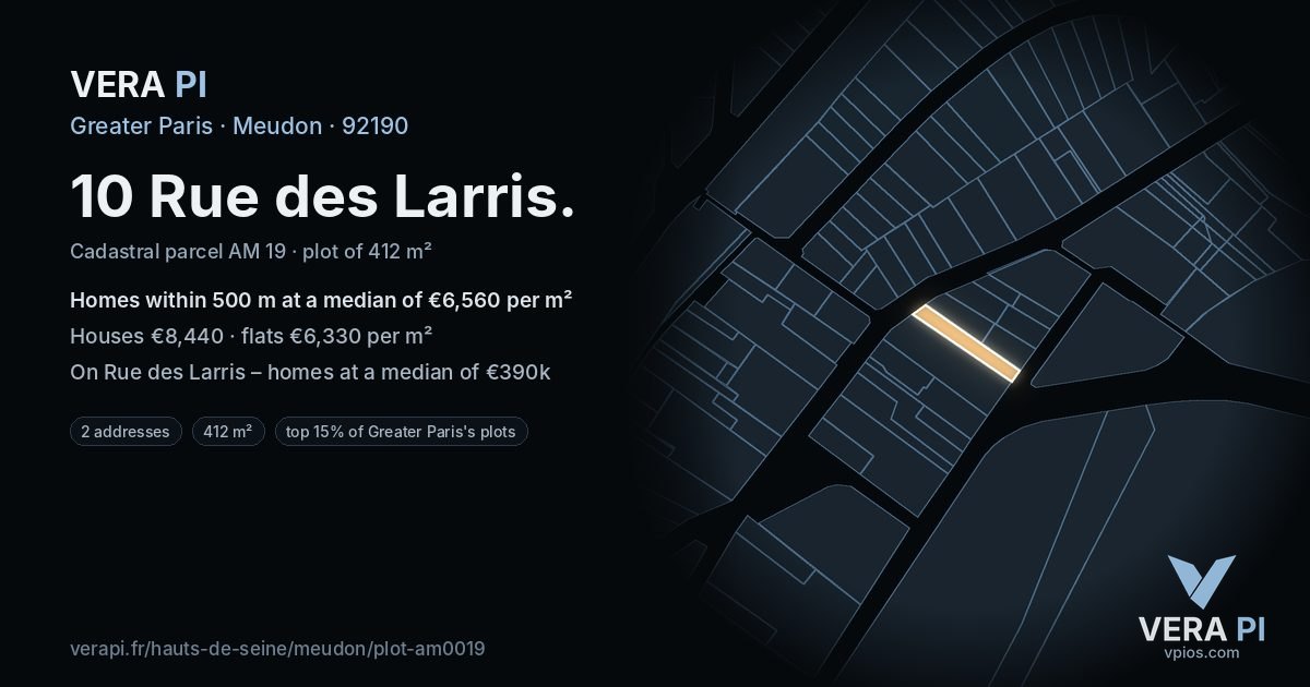10 Rue des Larris, Meudon at night – the plot lit, the parcels around coloured by the prices near them