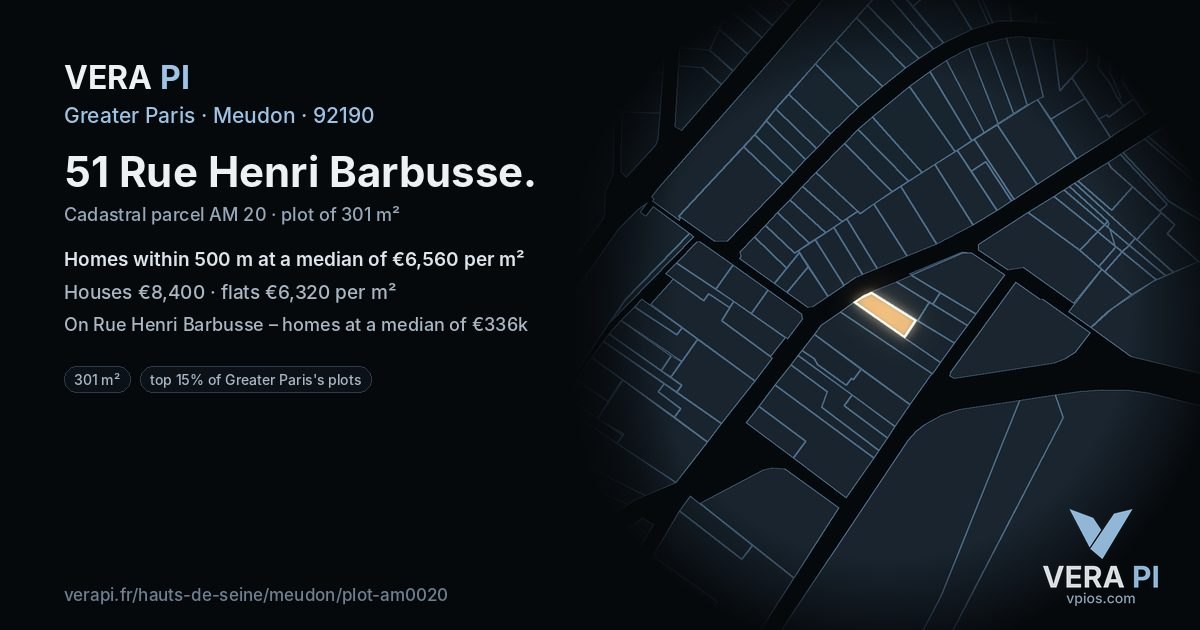 51 Rue Henri Barbusse, Meudon at night – the plot lit, the parcels around coloured by the prices near them