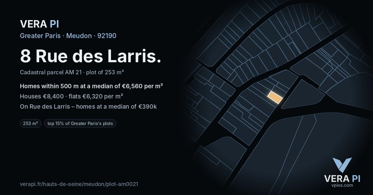 8 Rue des Larris, Meudon at night – the plot lit, the parcels around coloured by the prices near them