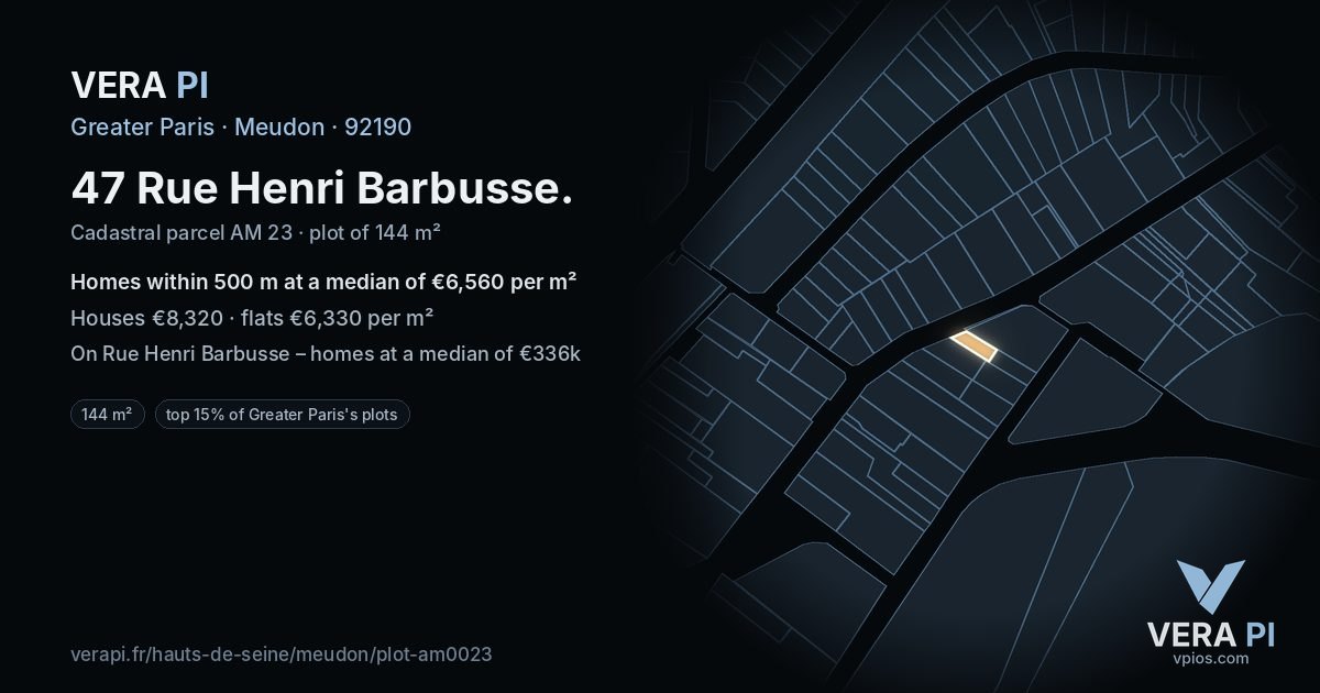47 Rue Henri Barbusse, Meudon at night – the plot lit, the parcels around coloured by the prices near them