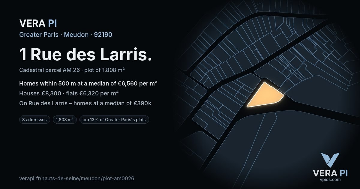 1 Rue des Larris, Meudon at night – the plot lit, the parcels around coloured by the prices near them