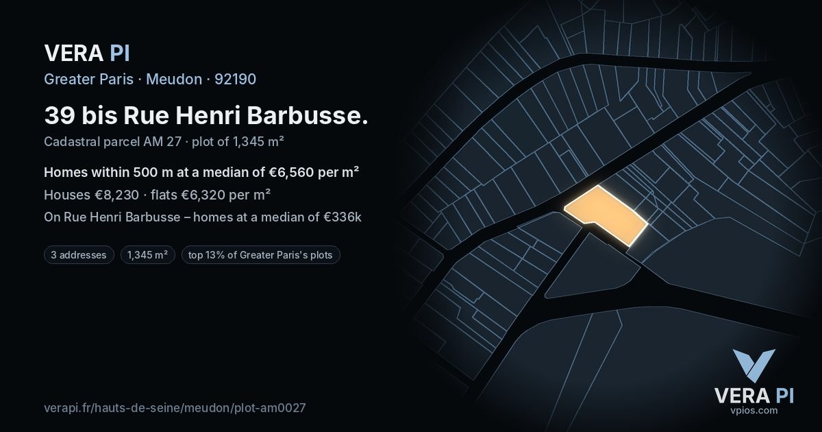 39 bis Rue Henri Barbusse, Meudon at night – the plot lit, the parcels around coloured by the prices near them