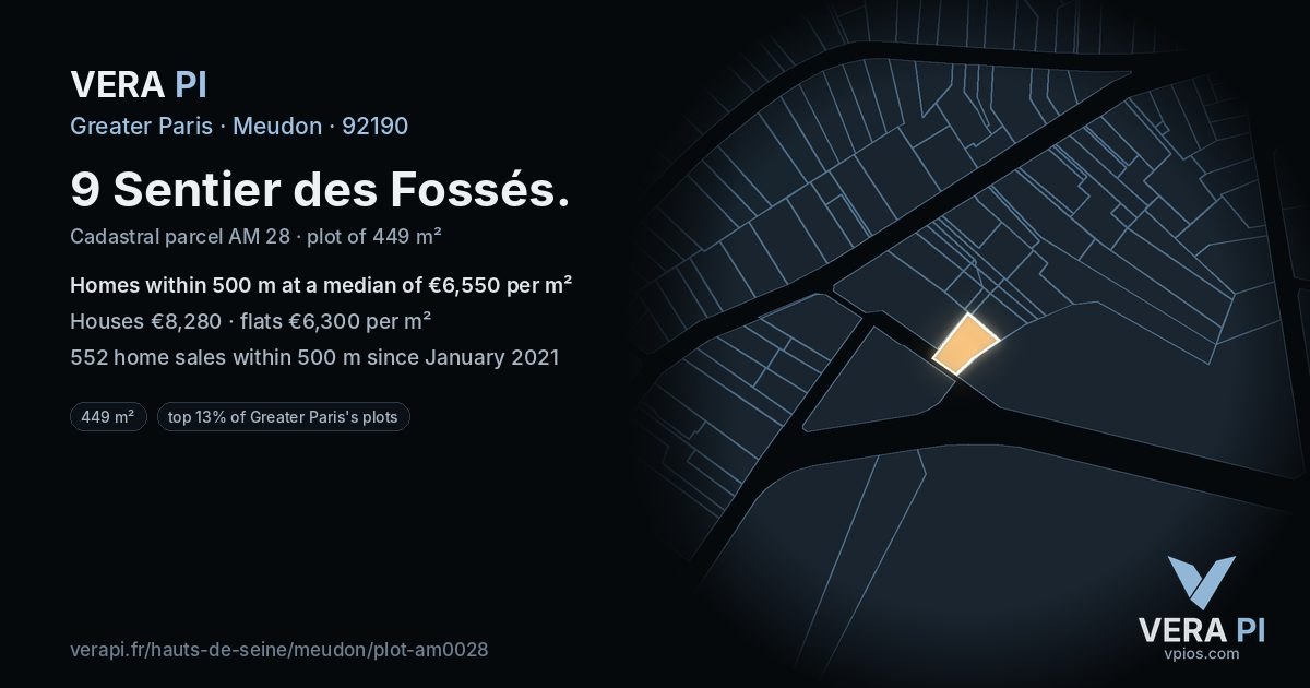9 Sentier des Fossés, Meudon at night – the plot lit, the parcels around coloured by the prices near them