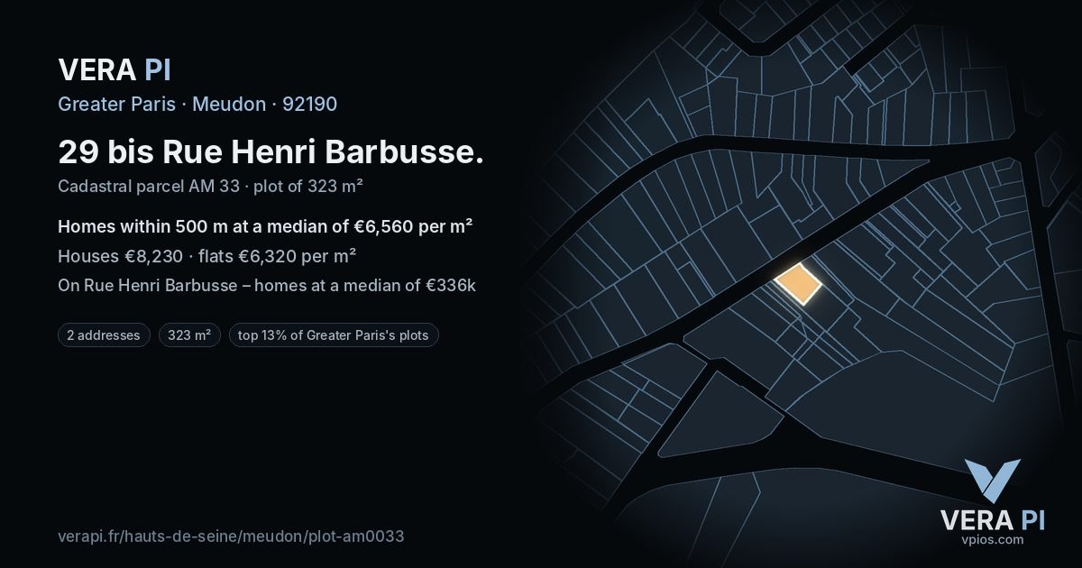 29 bis Rue Henri Barbusse, Meudon at night – the plot lit, the parcels around coloured by the prices near them