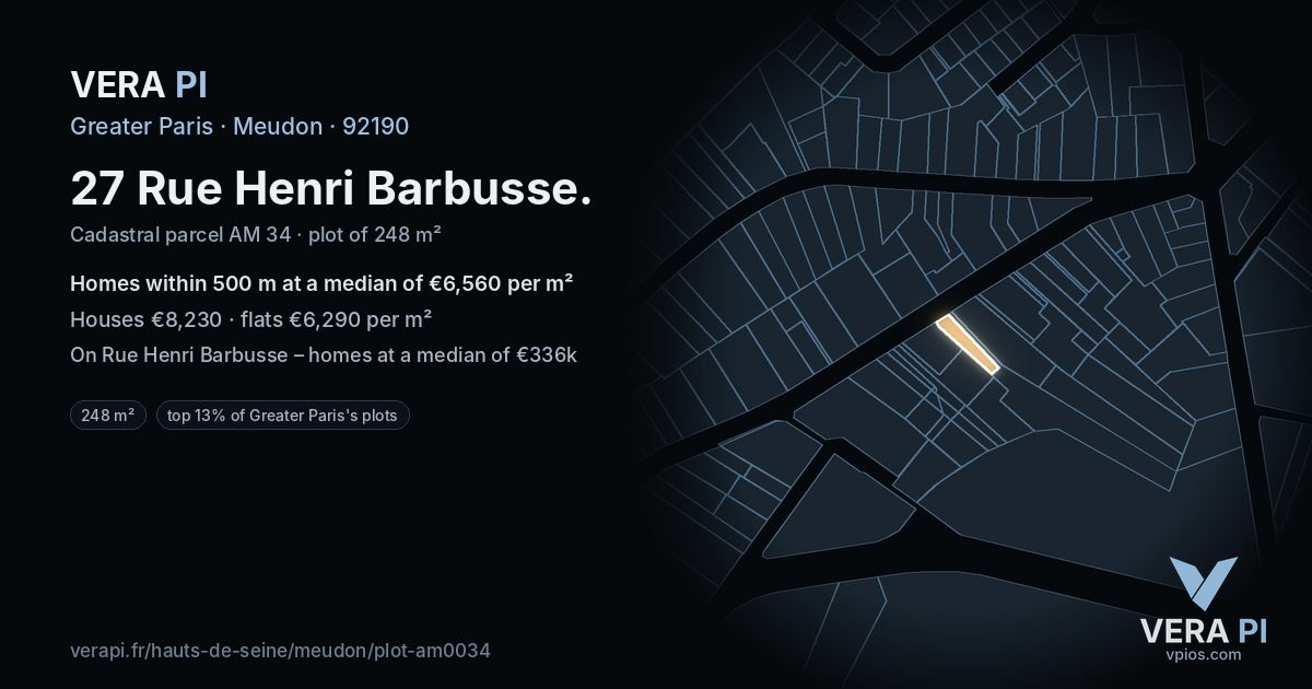 27 Rue Henri Barbusse, Meudon at night – the plot lit, the parcels around coloured by the prices near them