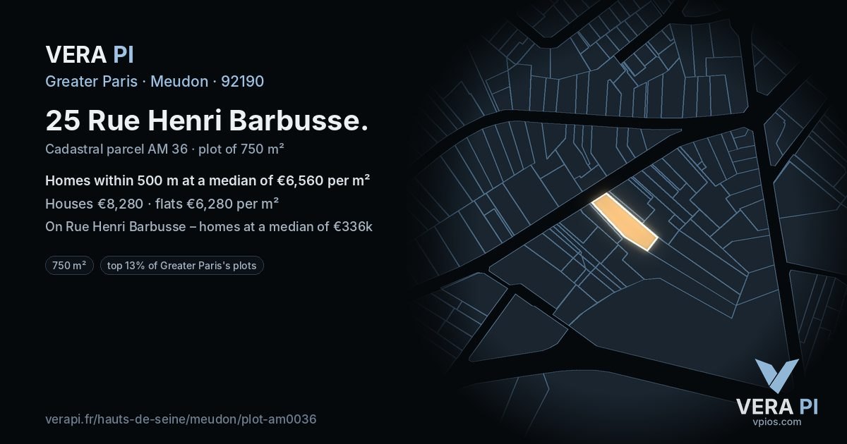 25 Rue Henri Barbusse, Meudon at night – the plot lit, the parcels around coloured by the prices near them
