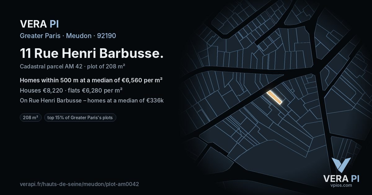 11 Rue Henri Barbusse, Meudon at night – the plot lit, the parcels around coloured by the prices near them