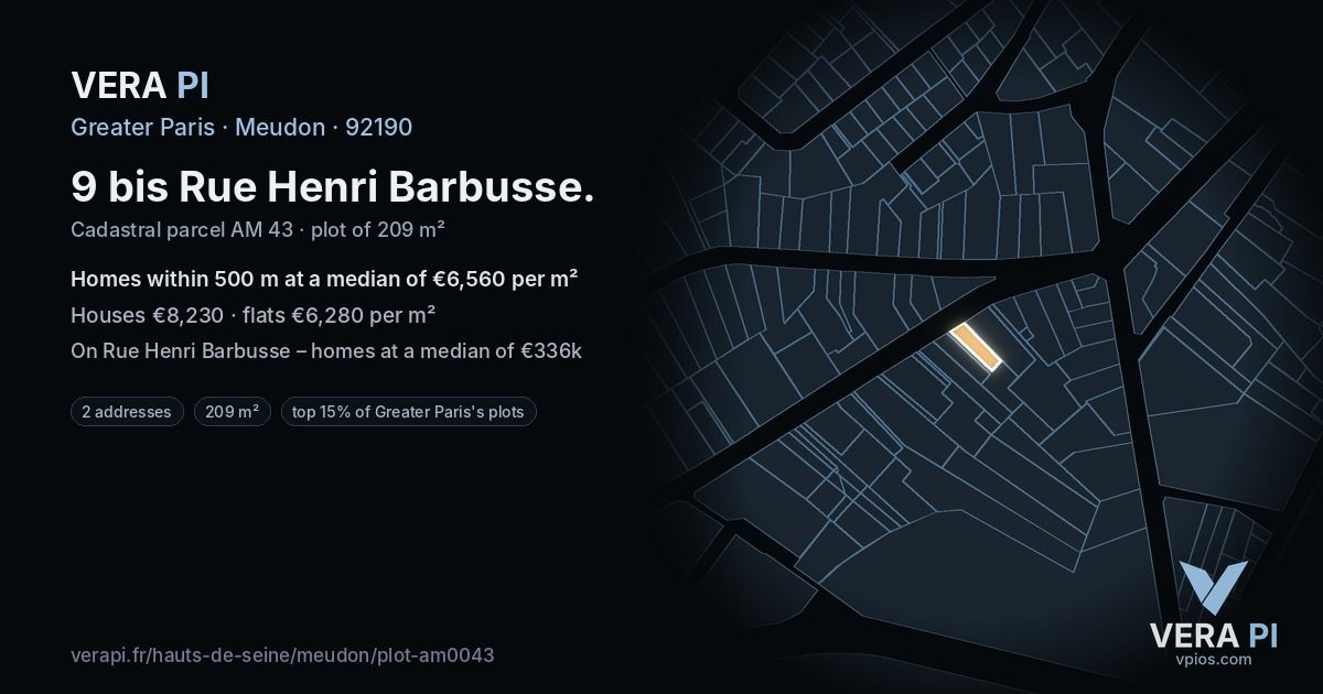 9 bis Rue Henri Barbusse, Meudon at night – the plot lit, the parcels around coloured by the prices near them
