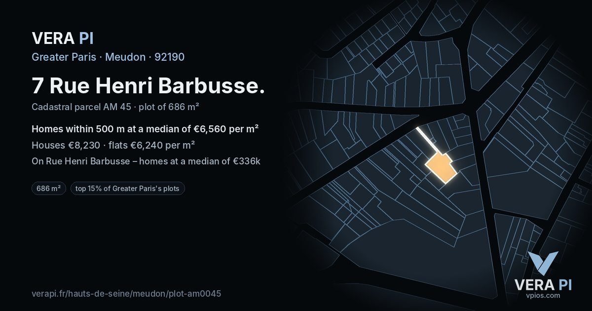 7 Rue Henri Barbusse, Meudon at night – the plot lit, the parcels around coloured by the prices near them