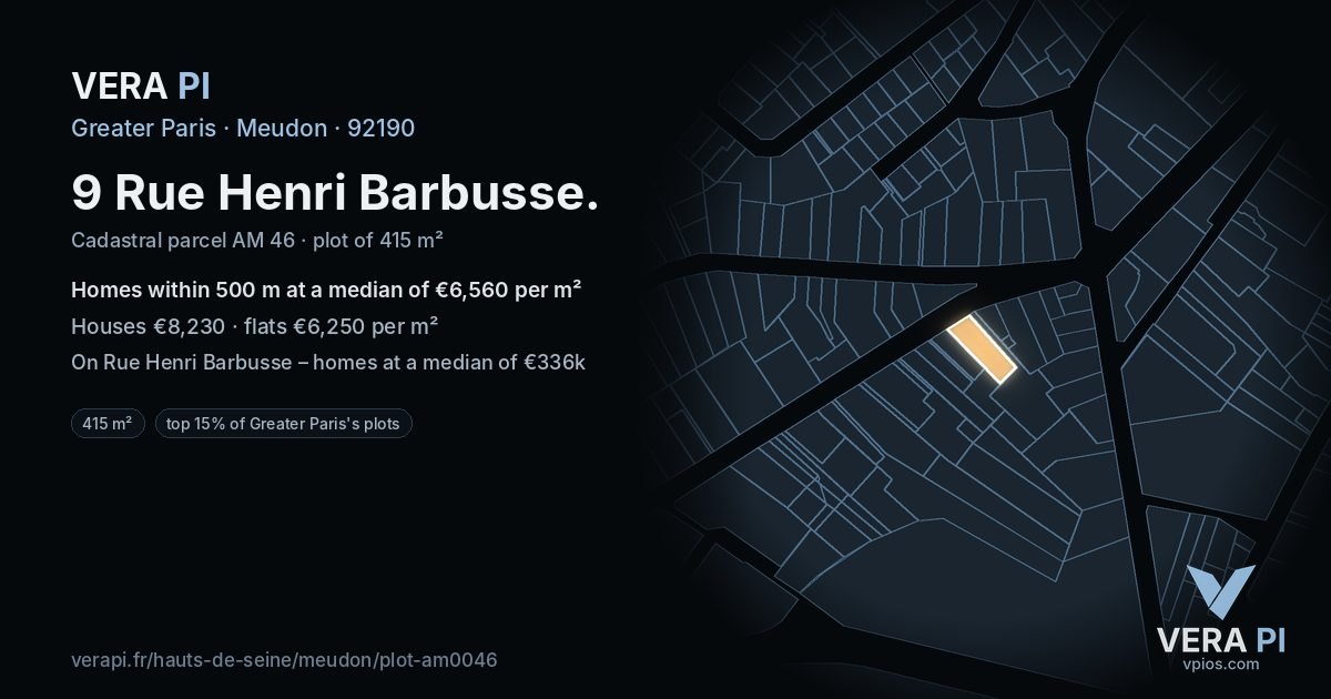 9 Rue Henri Barbusse, Meudon at night – the plot lit, the parcels around coloured by the prices near them
