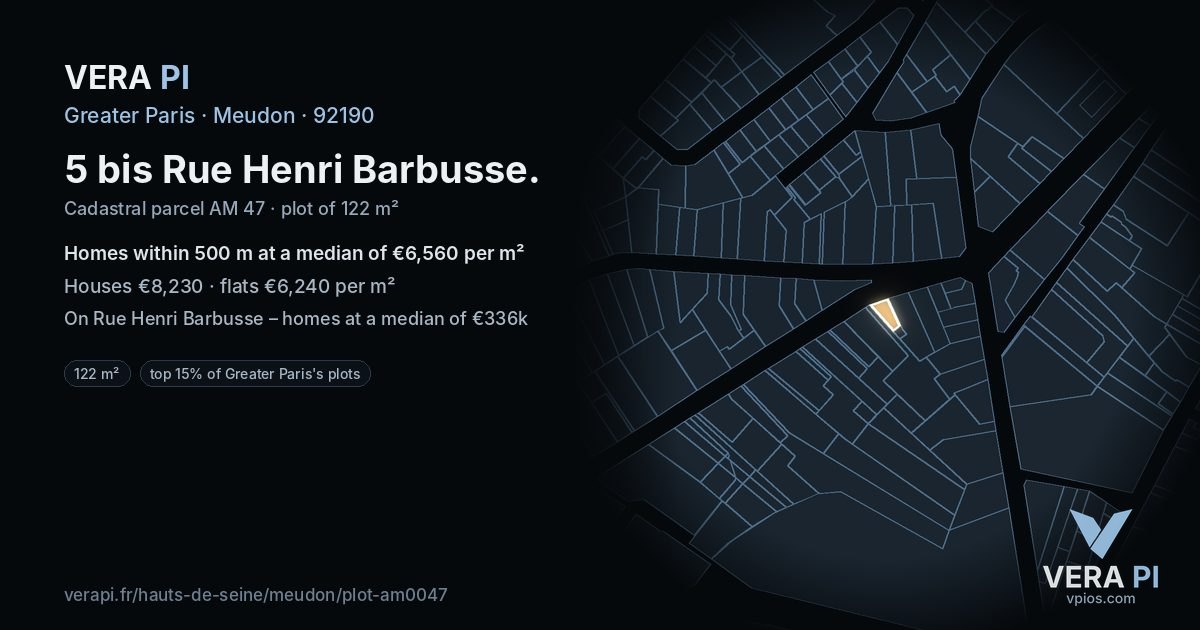 5 bis Rue Henri Barbusse, Meudon at night – the plot lit, the parcels around coloured by the prices near them