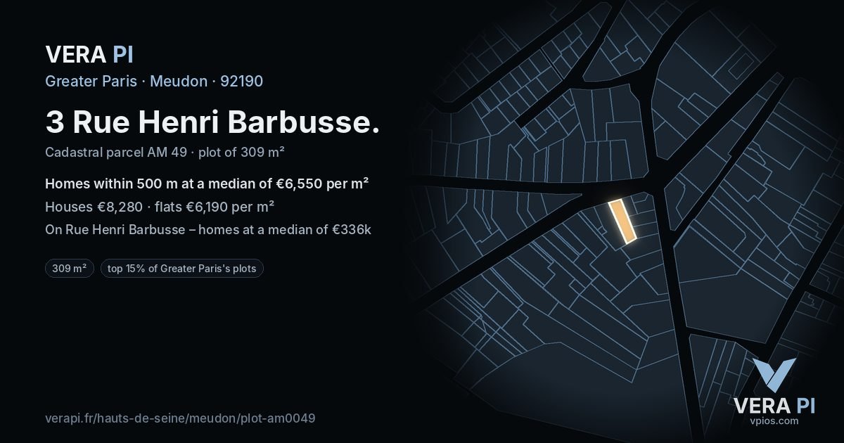 3 Rue Henri Barbusse, Meudon at night – the plot lit, the parcels around coloured by the prices near them