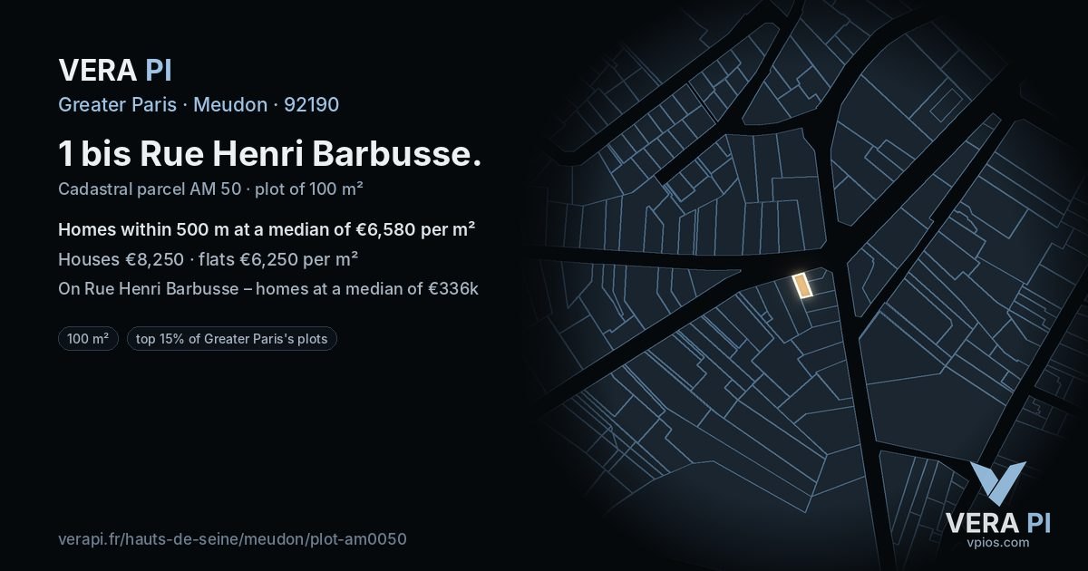1 bis Rue Henri Barbusse, Meudon at night – the plot lit, the parcels around coloured by the prices near them