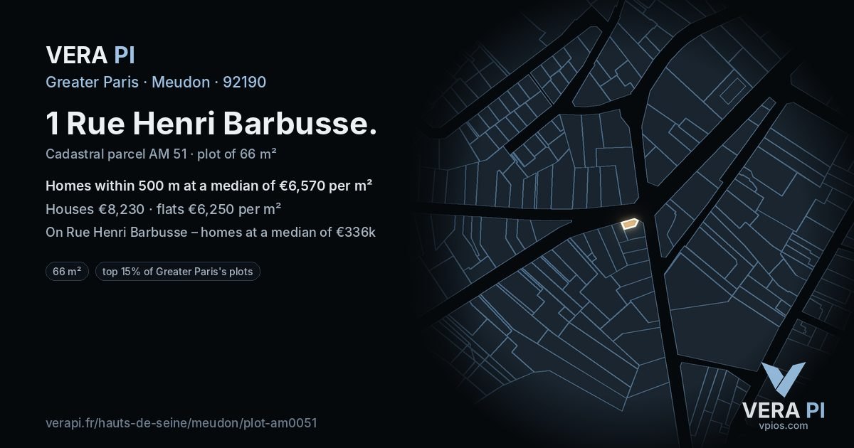 1 Rue Henri Barbusse, Meudon at night – the plot lit, the parcels around coloured by the prices near them