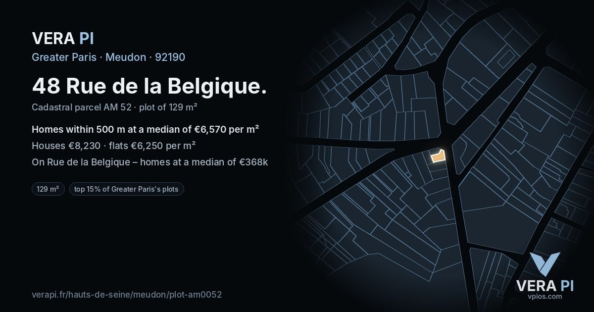 48 Rue de la Belgique, Meudon at night – the plot lit, the parcels around coloured by the prices near them