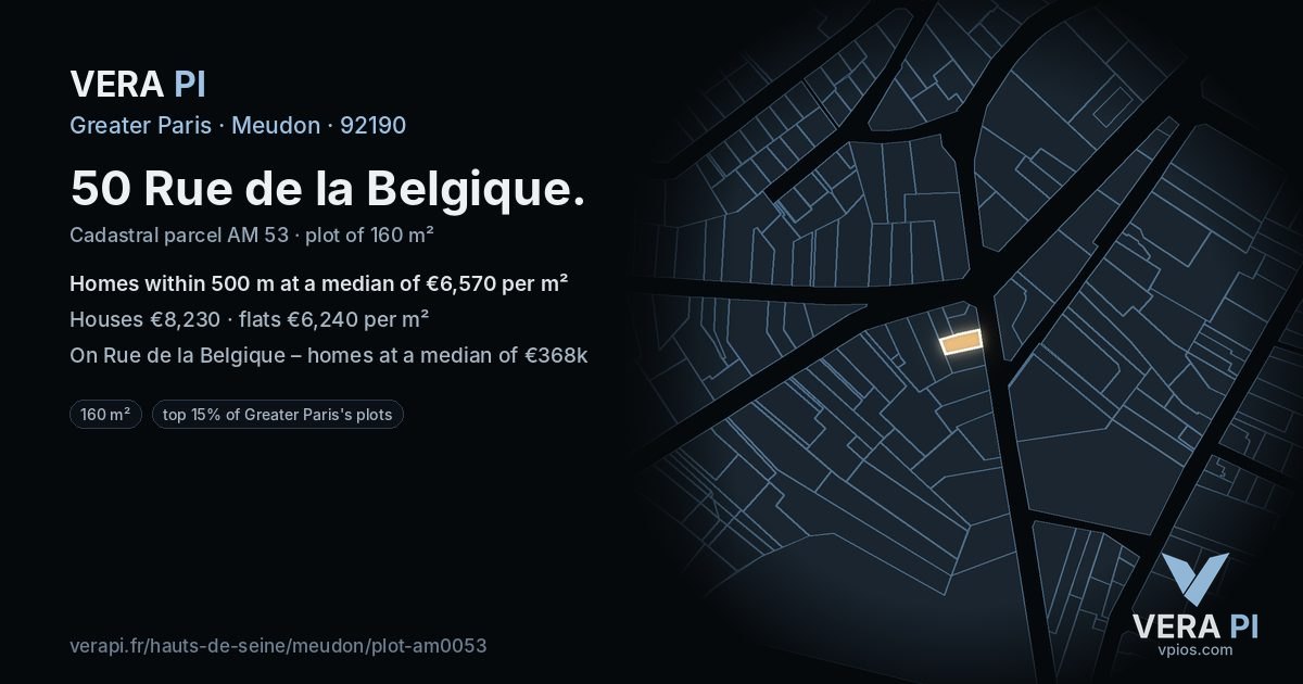 50 Rue de la Belgique, Meudon at night – the plot lit, the parcels around coloured by the prices near them