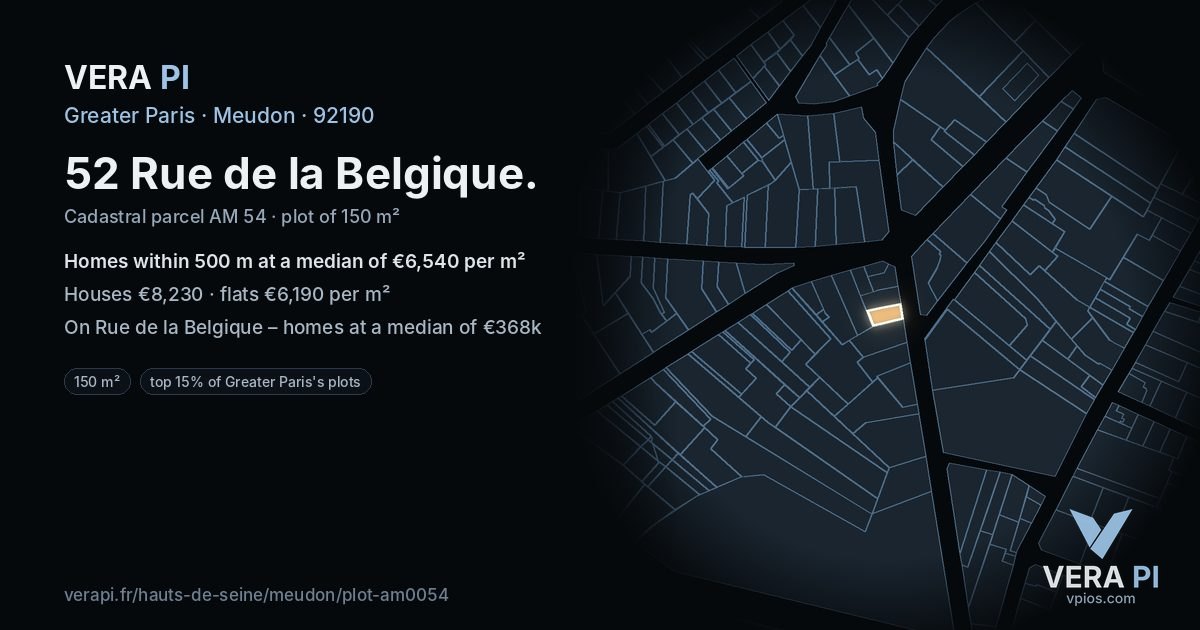 52 Rue de la Belgique, Meudon at night – the plot lit, the parcels around coloured by the prices near them