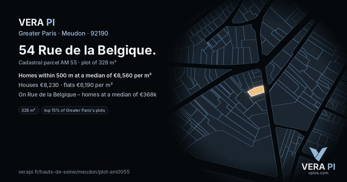 54 Rue de la Belgique, Meudon at night – the plot lit, the parcels around coloured by the prices near them