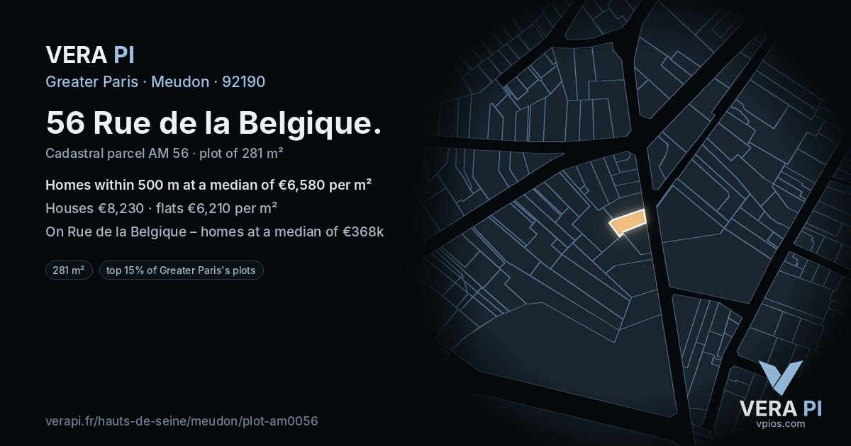 56 Rue de la Belgique, Meudon at night – the plot lit, the parcels around coloured by the prices near them