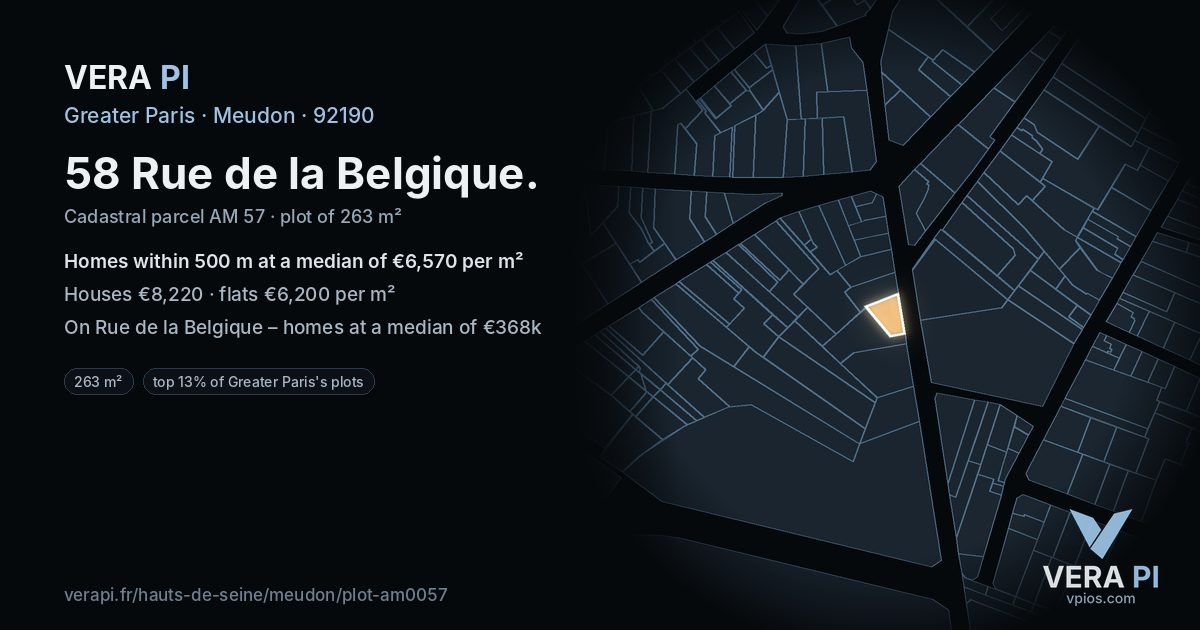 58 Rue de la Belgique, Meudon at night – the plot lit, the parcels around coloured by the prices near them