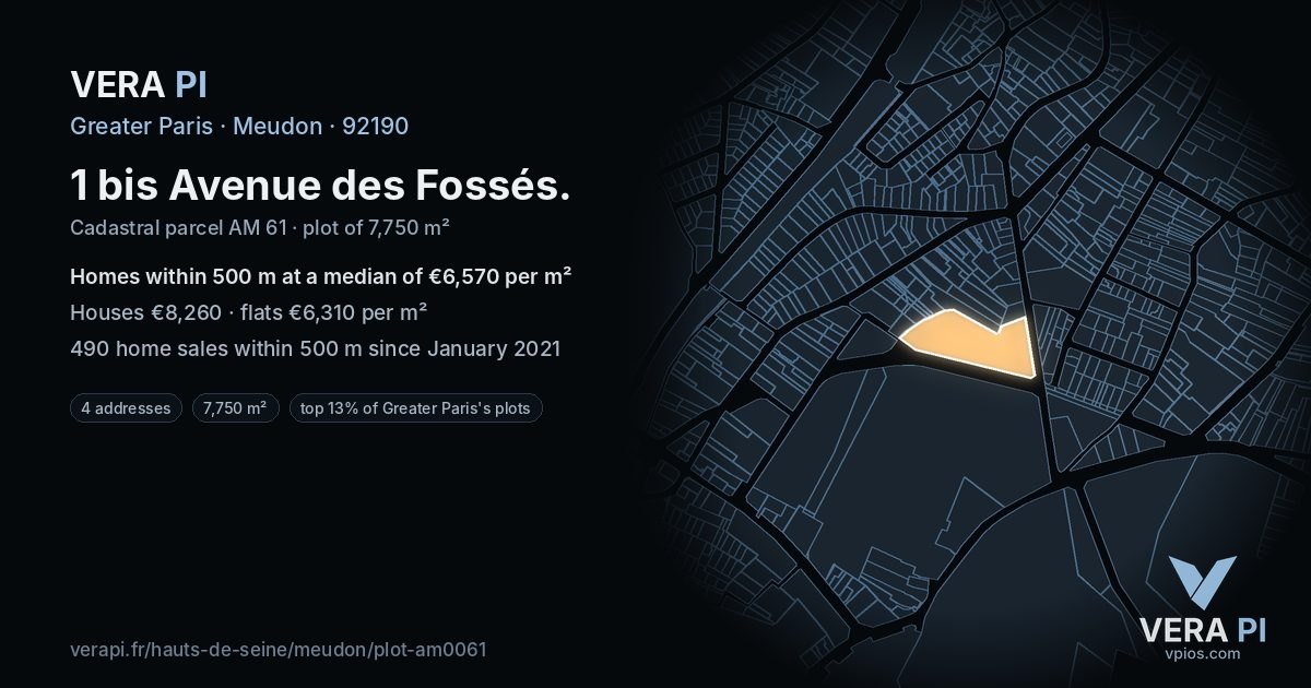 1 bis Avenue des Fossés, Meudon at night – the plot lit, the parcels around coloured by the prices near them