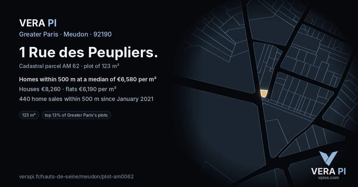 1 Rue des Peupliers, Meudon at night – the plot lit, the parcels around coloured by the prices near them