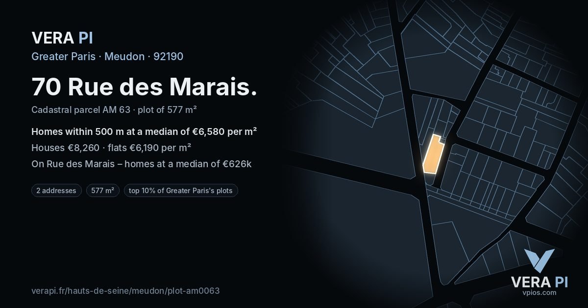 70 Rue des Marais, Meudon at night – the plot lit, the parcels around coloured by the prices near them