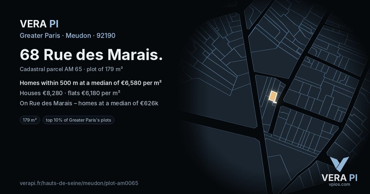 68 Rue des Marais, Meudon at night – the plot lit, the parcels around coloured by the prices near them