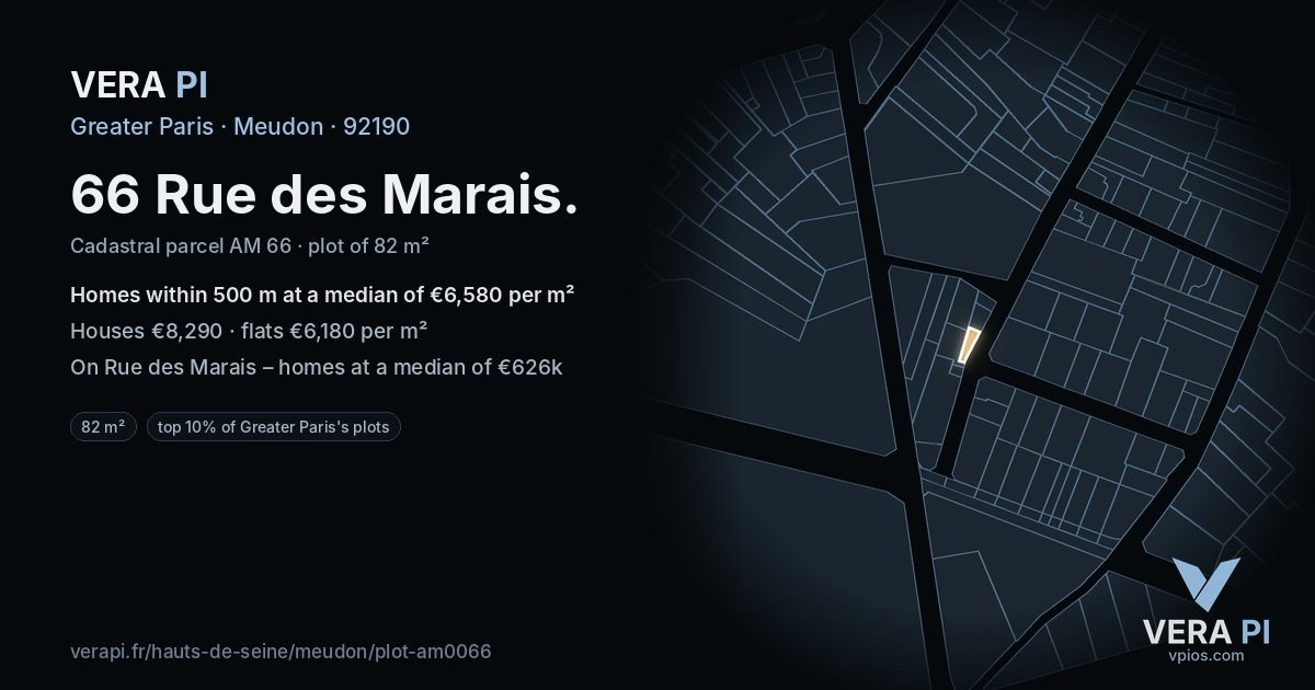 66 Rue des Marais, Meudon at night – the plot lit, the parcels around coloured by the prices near them