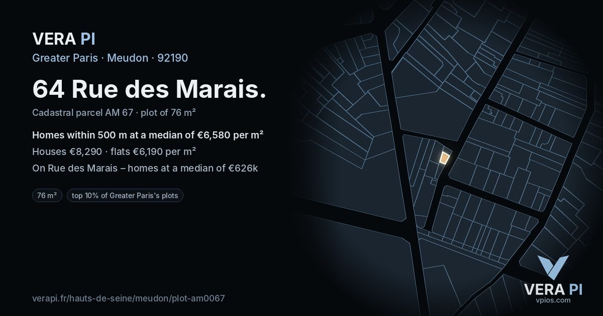 64 Rue des Marais, Meudon at night – the plot lit, the parcels around coloured by the prices near them