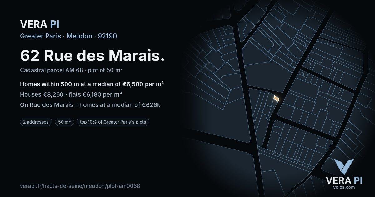 62 Rue des Marais, Meudon at night – the plot lit, the parcels around coloured by the prices near them