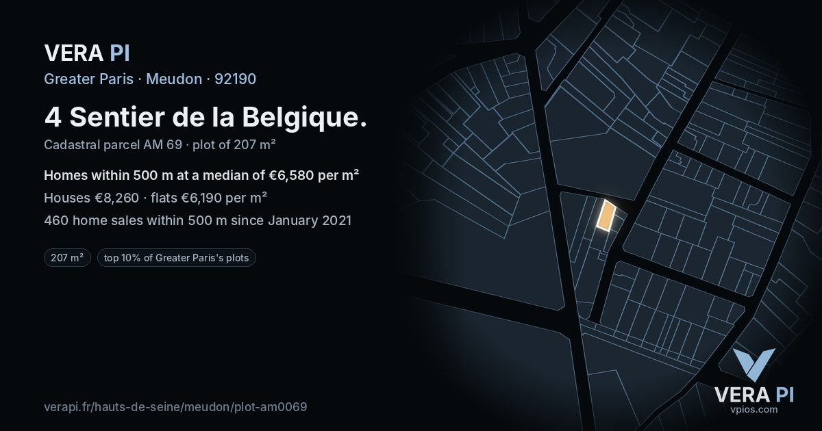 4 Sentier de la Belgique, Meudon at night – the plot lit, the parcels around coloured by the prices near them