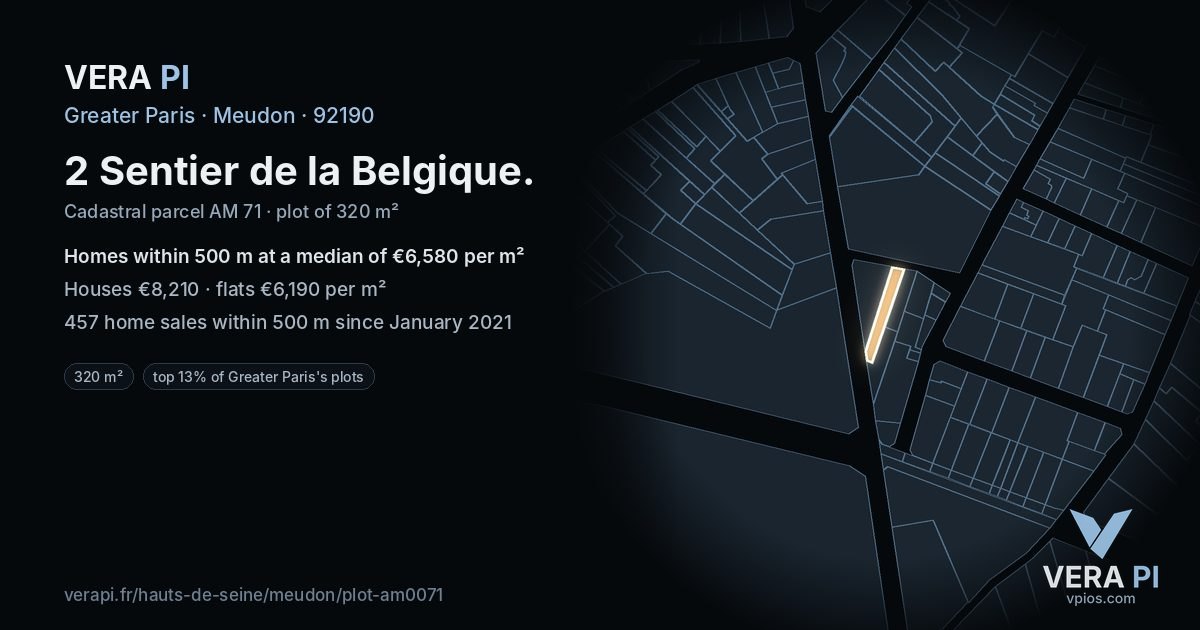 2 Sentier de la Belgique, Meudon at night – the plot lit, the parcels around coloured by the prices near them