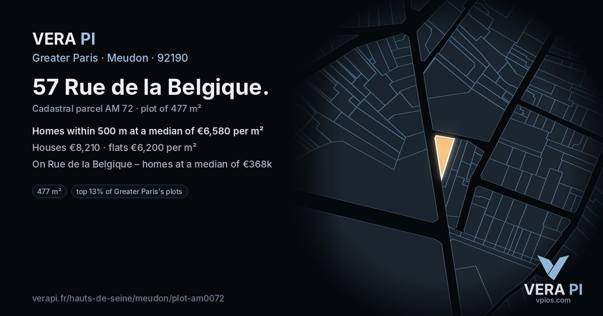 57 Rue de la Belgique, Meudon at night – the plot lit, the parcels around coloured by the prices near them