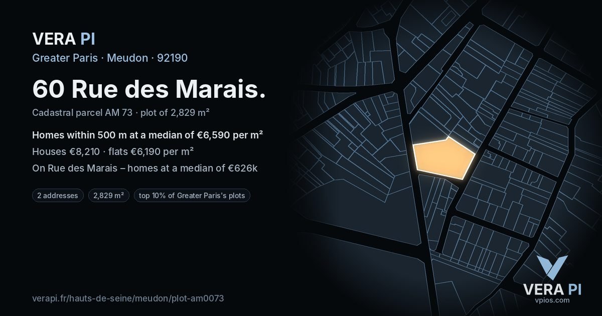 60 Rue des Marais, Meudon at night – the plot lit, the parcels around coloured by the prices near them
