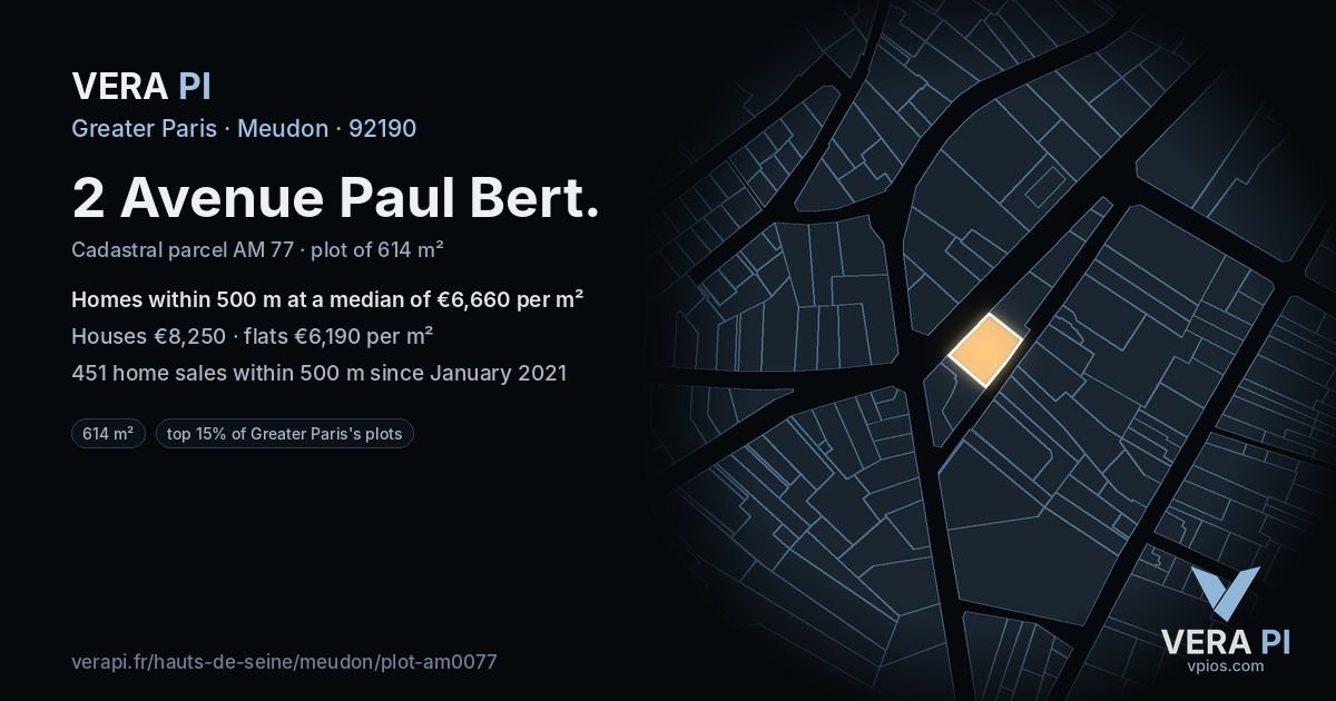 2 Avenue Paul Bert, Meudon at night – the plot lit, the parcels around coloured by the prices near them